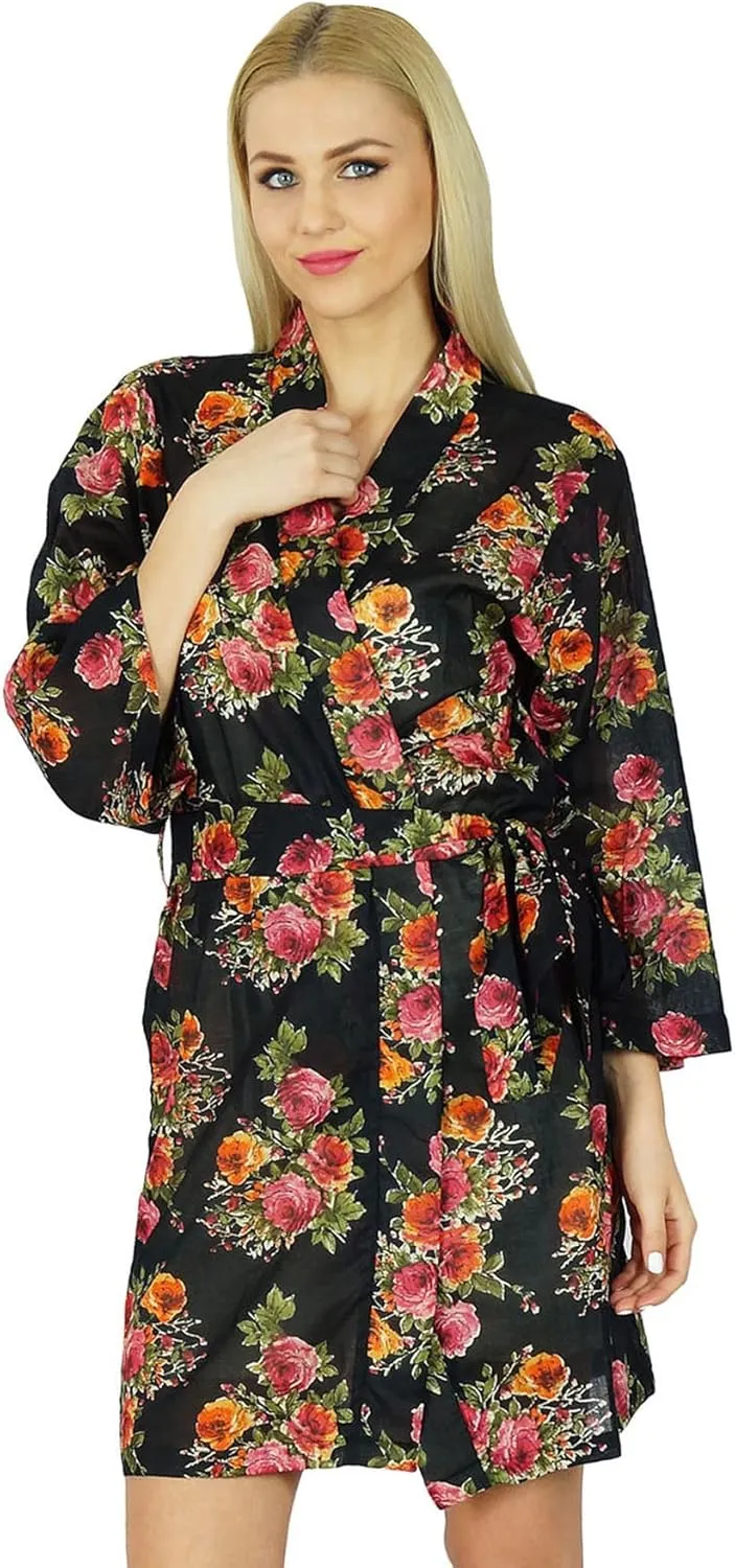 Bimba Women Floral Black Robe Short Cotton Getting Ready Bridesmaid Robes