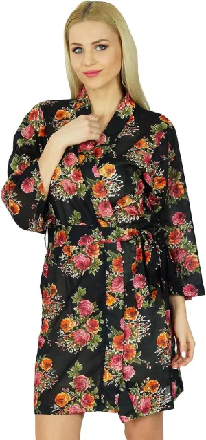 Bimba Women Floral Black Robe Short Cotton Getting Ready Bridesmaid Robes