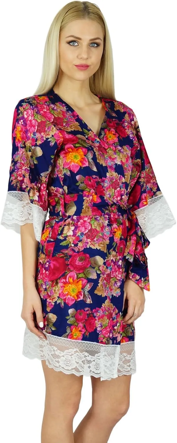 Bimba Women Floral Lace Robe Short Cotton Getting Ready Bridesmaid Robes