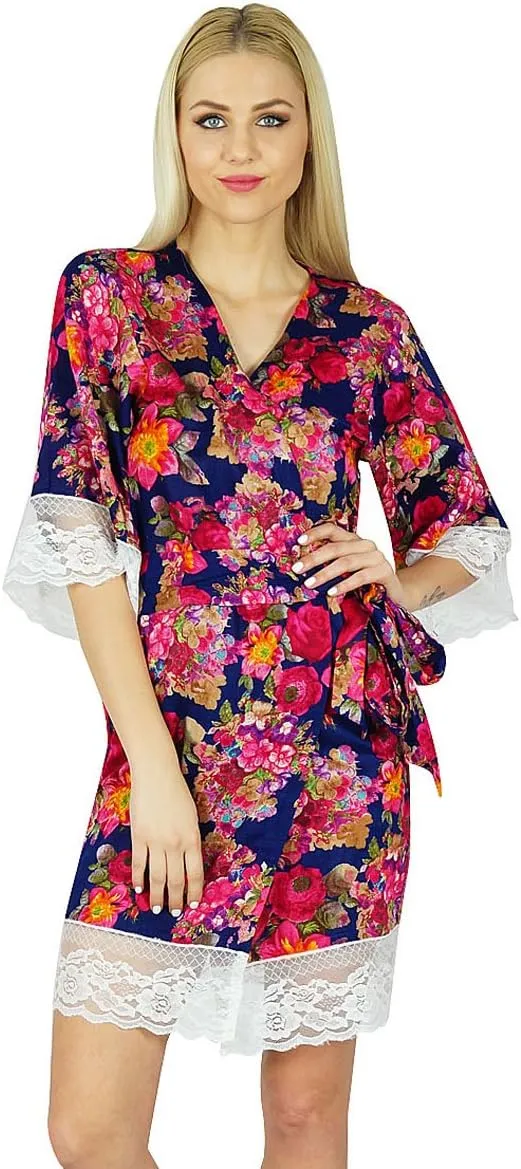 Bimba Women Floral Lace Robe Short Cotton Getting Ready Bridesmaid Robes