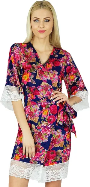 Bimba Women Floral Lace Robe Short Cotton Getting Ready Bridesmaid Robes