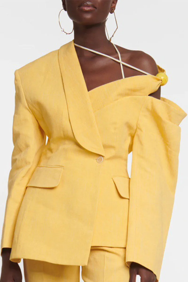 Bjlxn - Black Elegant Solid Bandage Buttons Oblique Collar Outerwear