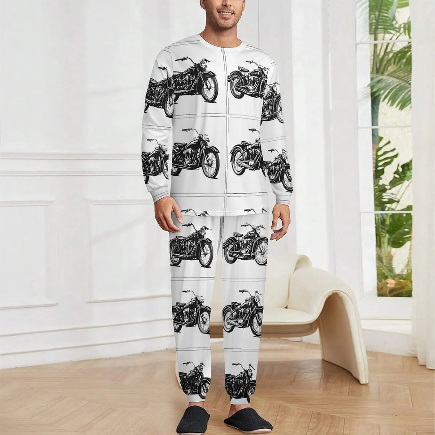 Black And White Motorcycle Soft Mens Pajamas Set Round Neck Pullover Long Sleeve And Pants Loungewear 2 Piece Pjs Set
