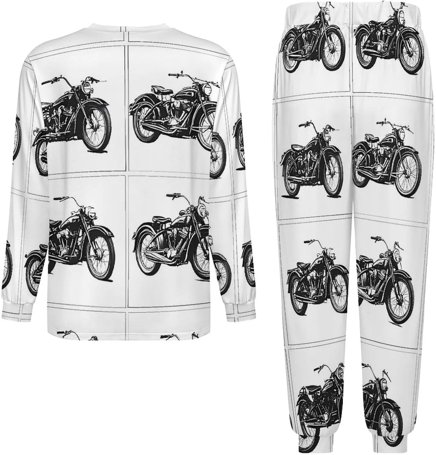 Black And White Motorcycle Soft Mens Pajamas Set Round Neck Pullover Long Sleeve And Pants Loungewear 2 Piece Pjs Set