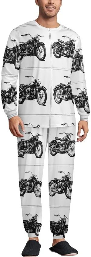 Black And White Motorcycle Soft Mens Pajamas Set Round Neck Pullover Long Sleeve And Pants Loungewear 2 Piece Pjs Set