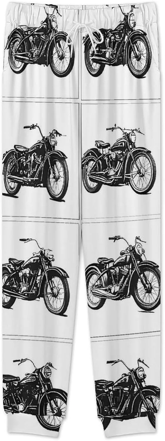 Black And White Motorcycle Soft Mens Pajamas Set Round Neck Pullover Long Sleeve And Pants Loungewear 2 Piece Pjs Set