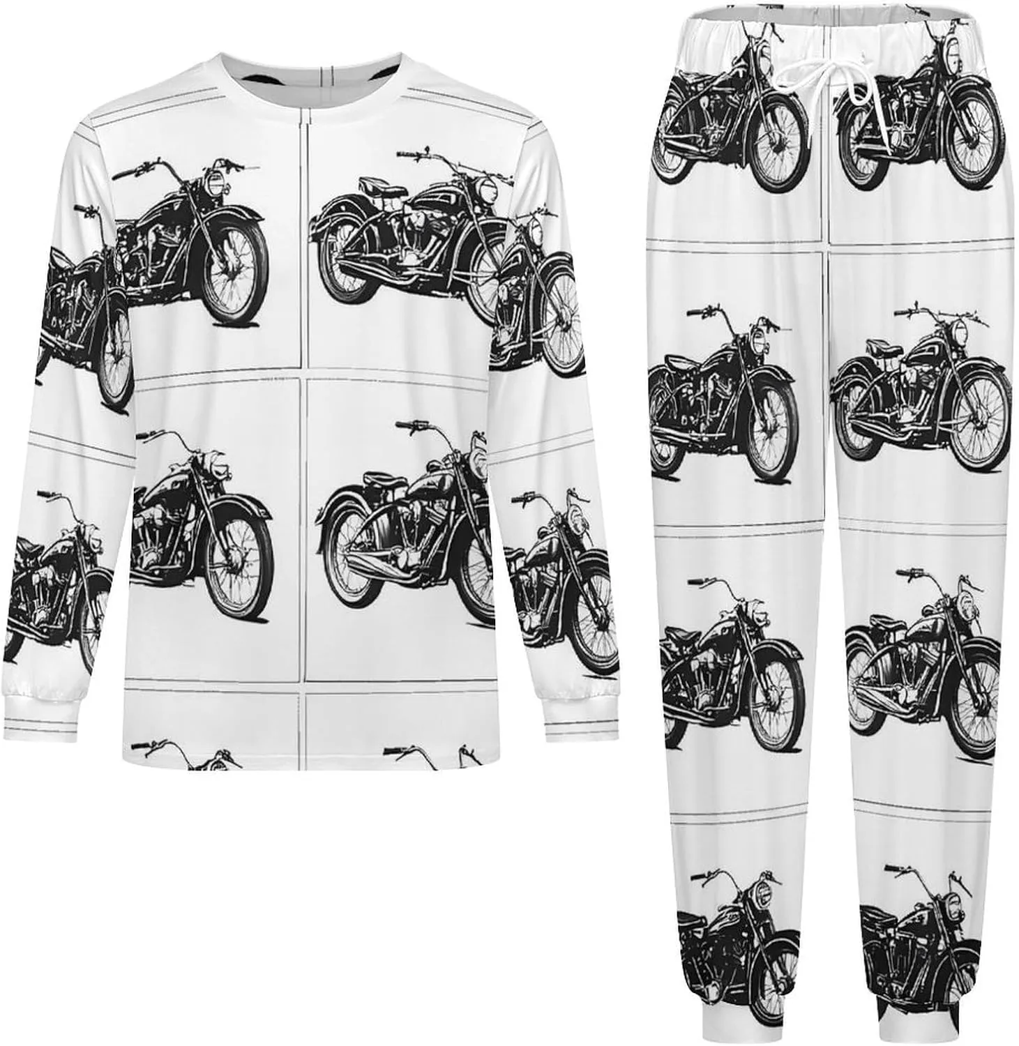 Black And White Motorcycle Soft Mens Pajamas Set Round Neck Pullover Long Sleeve And Pants Loungewear 2 Piece Pjs Set