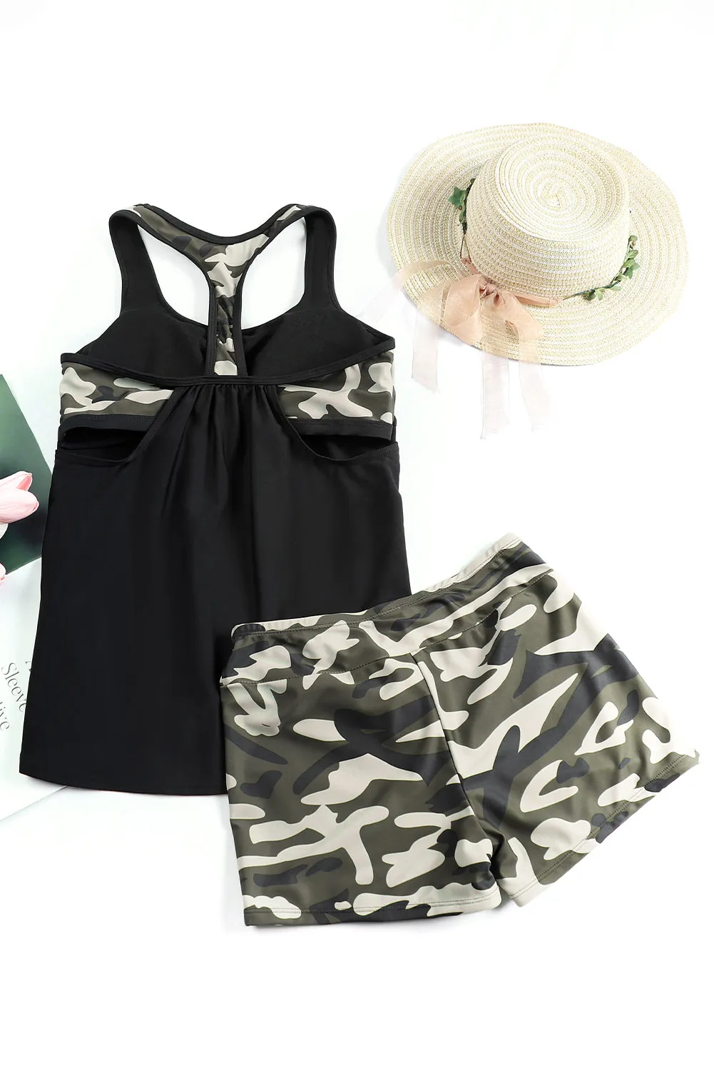 Black Contrast Splice Racerback Tankini Printed 2Pcs Set