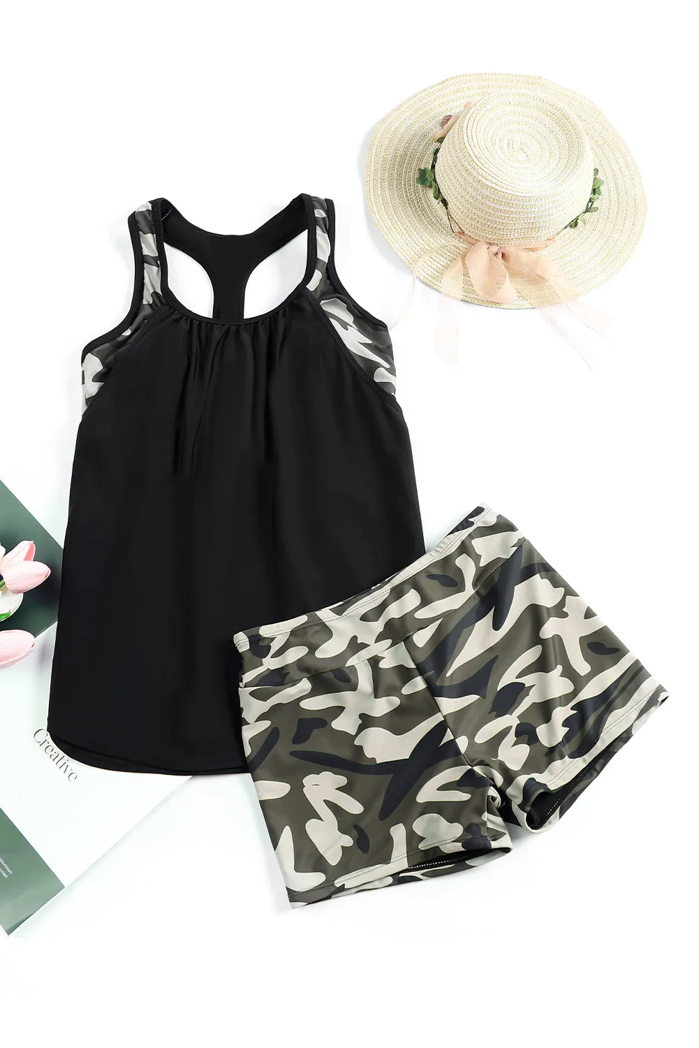 Black Contrast Splice Racerback Tankini Printed 2Pcs Set