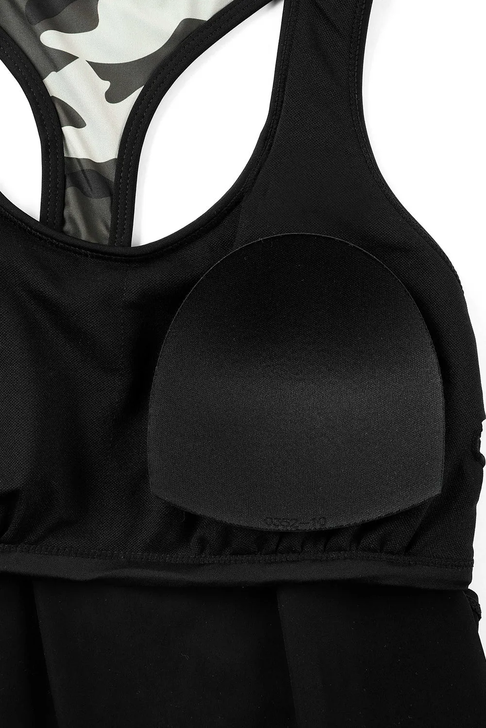 Black Contrast Splice Racerback Tankini Printed 2Pcs Set