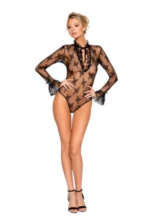 Black - Long Sleeved Keyhole Teddy with Ruffle Detail -