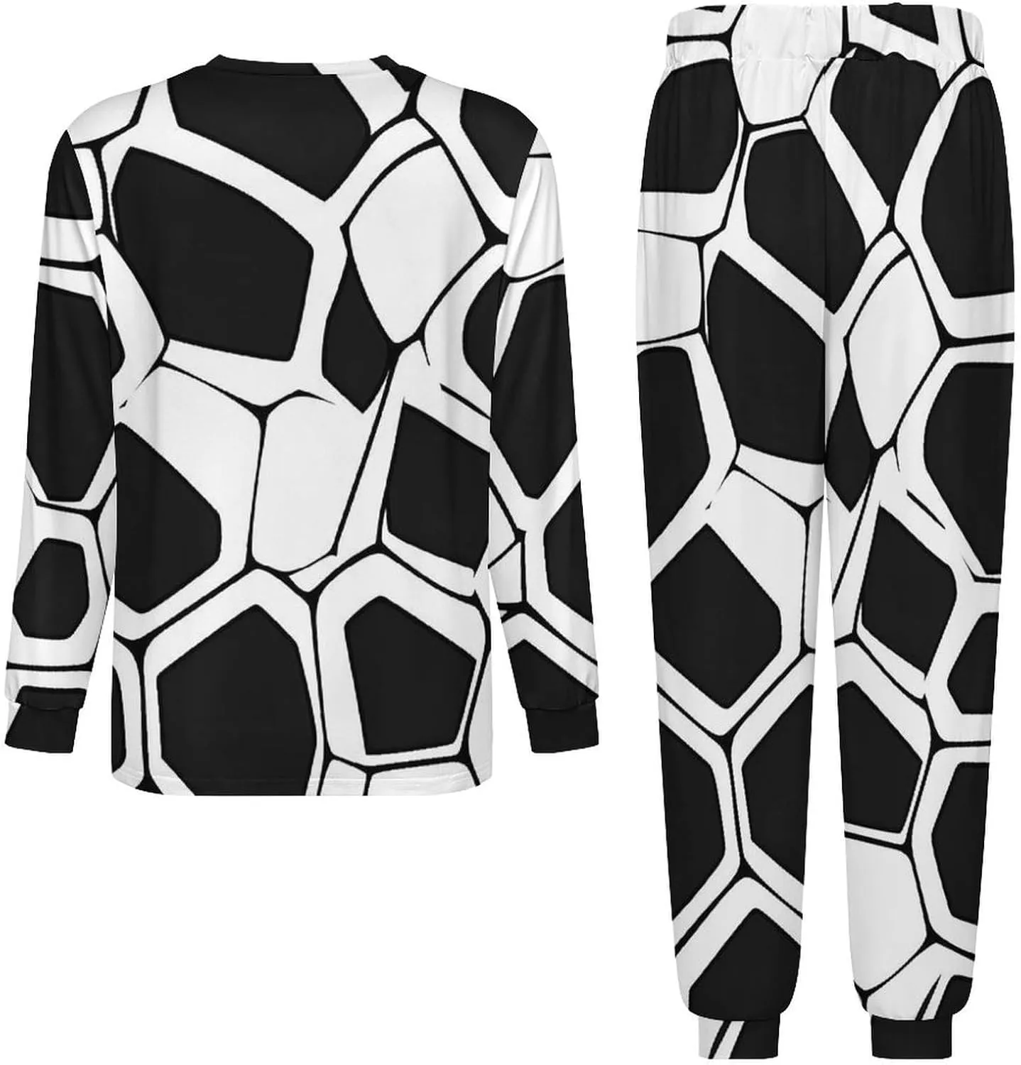 Black White Mosaic Honeycomb Soft Mens Pajamas Set Round Neck Pullover Long Sleeve And Pants Loungewear 2 Piece Pjs Set