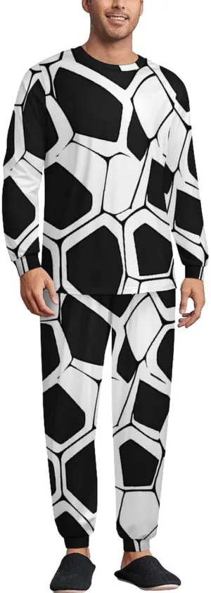 Black White Mosaic Honeycomb Soft Mens Pajamas Set Round Neck Pullover Long Sleeve And Pants Loungewear 2 Piece Pjs Set