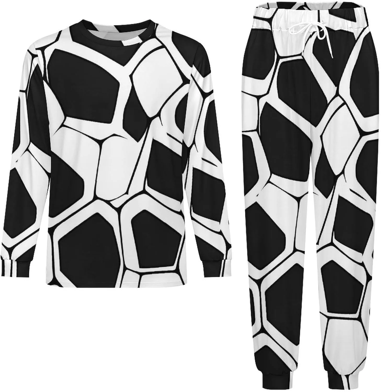 Black White Mosaic Honeycomb Soft Mens Pajamas Set Round Neck Pullover Long Sleeve And Pants Loungewear 2 Piece Pjs Set