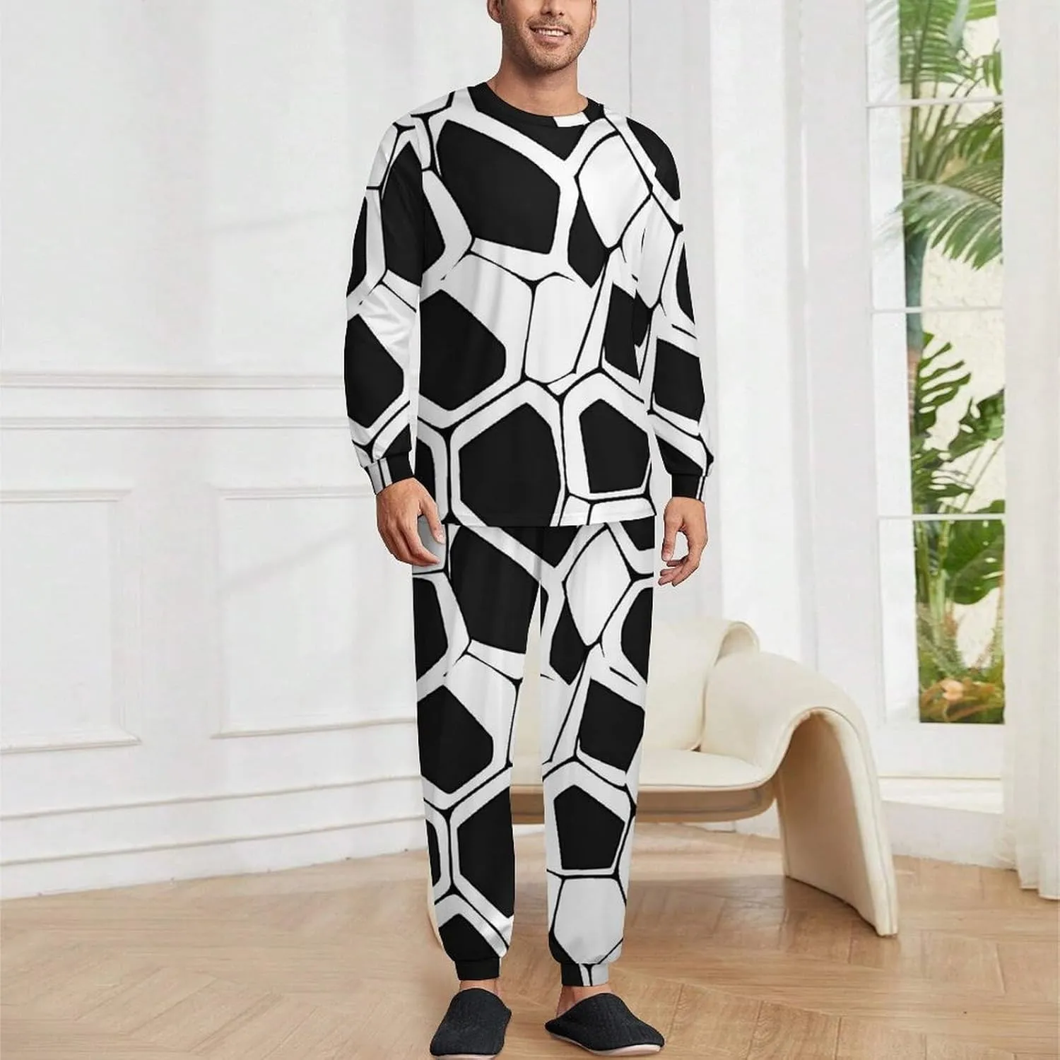 Black White Mosaic Honeycomb Soft Mens Pajamas Set Round Neck Pullover Long Sleeve And Pants Loungewear 2 Piece Pjs Set