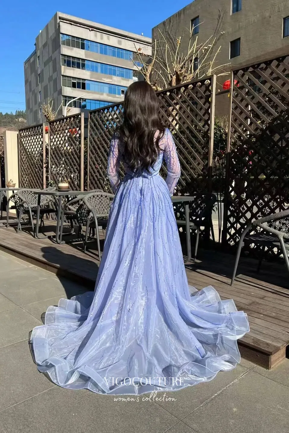 Blue Beaded Mermaid Prom Dress with Long Sleeve and Overskirt 22243