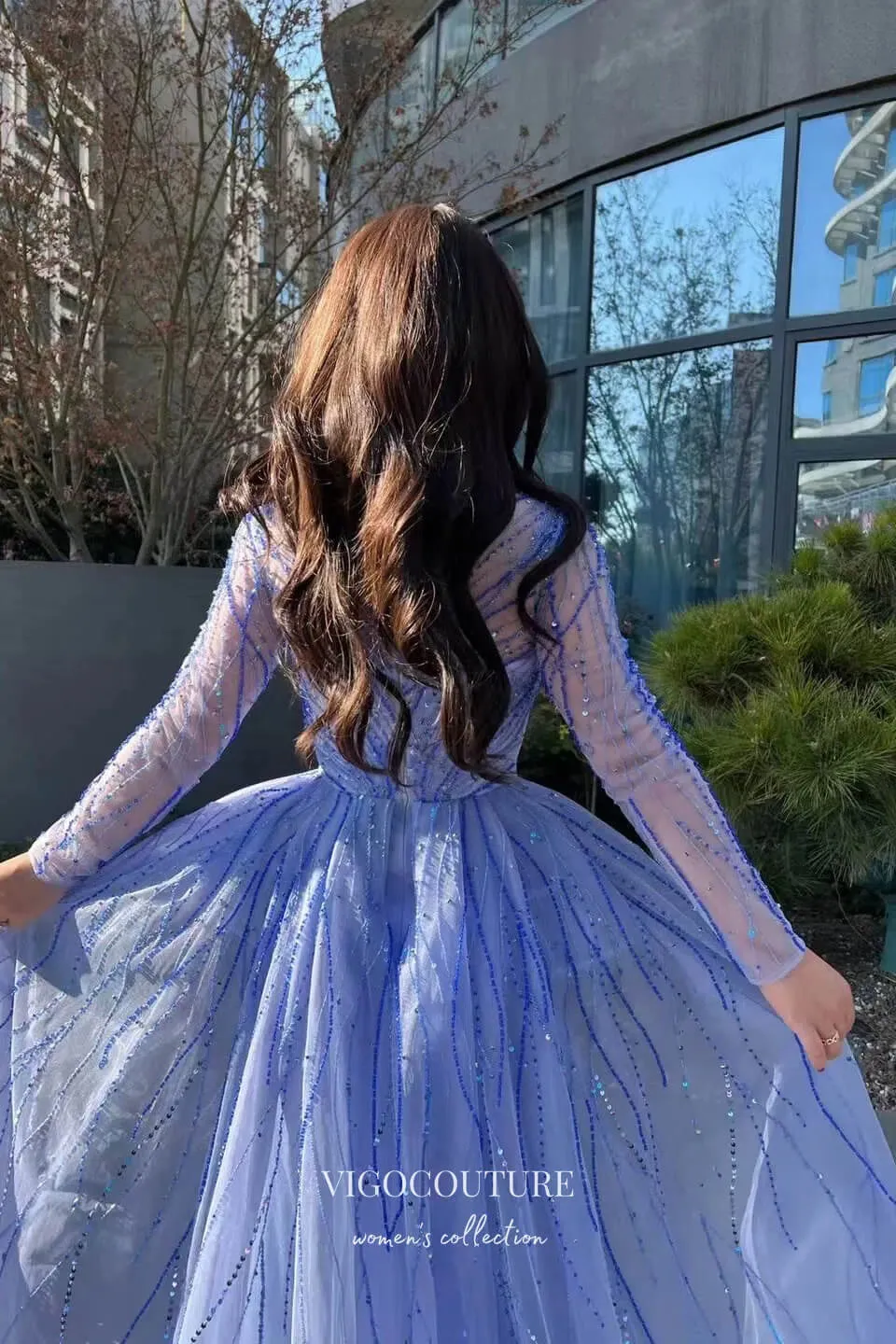 Blue Beaded Mermaid Prom Dress with Long Sleeve and Overskirt 22243