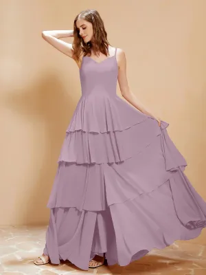 Boho V-neck Floor-length Dress Flowy Ruffles Vintage Mauve Plus Size