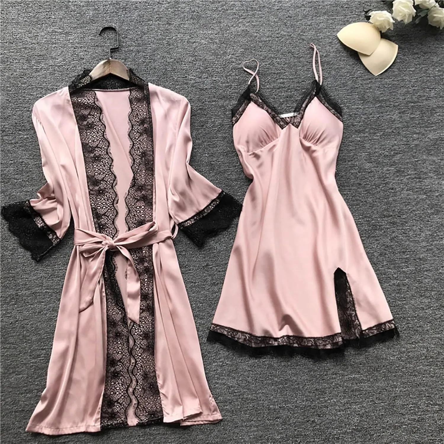BOXIACEY Women's Silk Nightgown 4 Pieces Set Lace Satin Lingerie Robe Pajama Sexy Cami Shorts Satin Sleepwear Nightwear