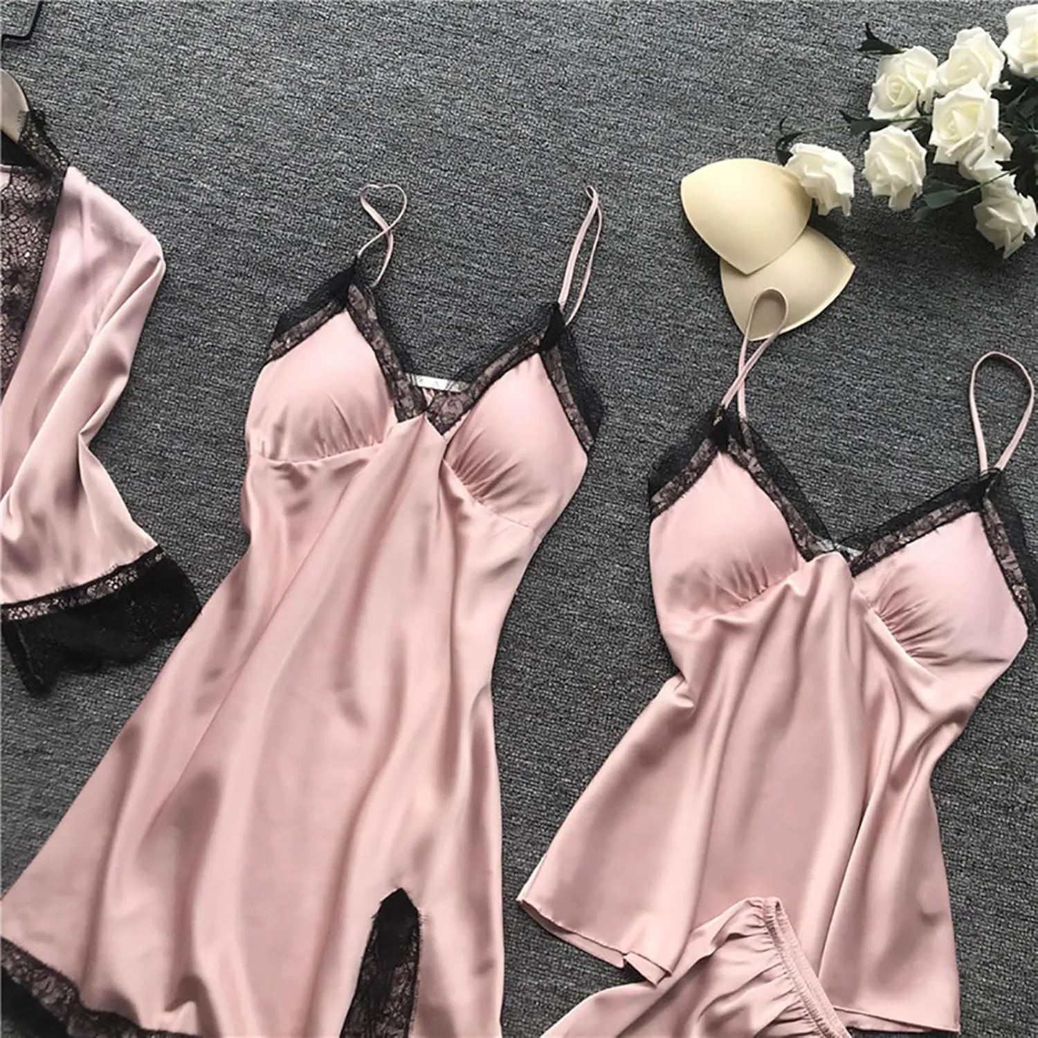 BOXIACEY Women's Silk Nightgown 4 Pieces Set Lace Satin Lingerie Robe Pajama Sexy Cami Shorts Satin Sleepwear Nightwear