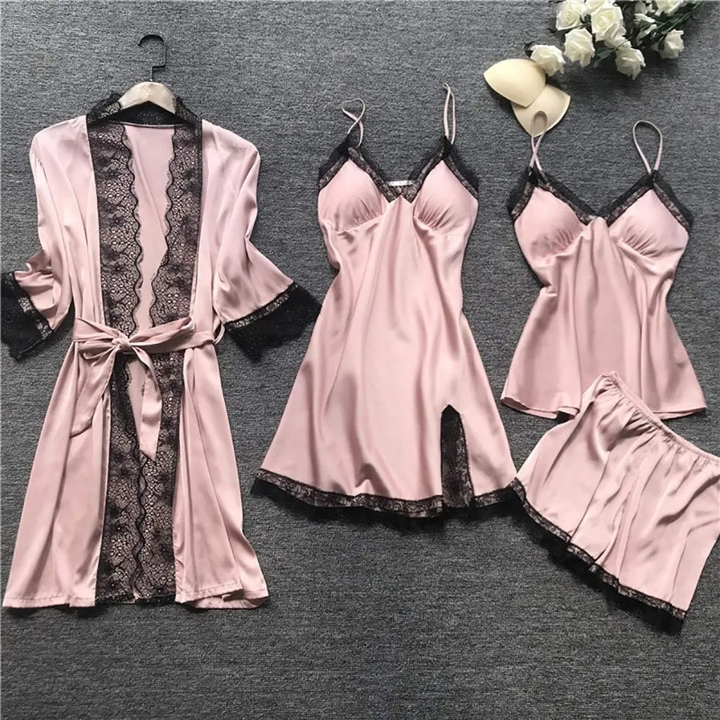 BOXIACEY Women's Silk Nightgown 4 Pieces Set Lace Satin Lingerie Robe Pajama Sexy Cami Shorts Satin Sleepwear Nightwear