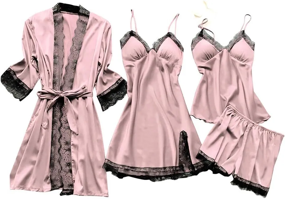 BOXIACEY Women's Silk Nightgown 4 Pieces Set Lace Satin Lingerie Robe Pajama Sexy Cami Shorts Satin Sleepwear Nightwear