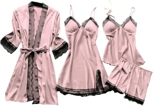 BOXIACEY Women's Silk Nightgown 4 Pieces Set Lace Satin Lingerie Robe Pajama Sexy Cami Shorts Satin Sleepwear Nightwear