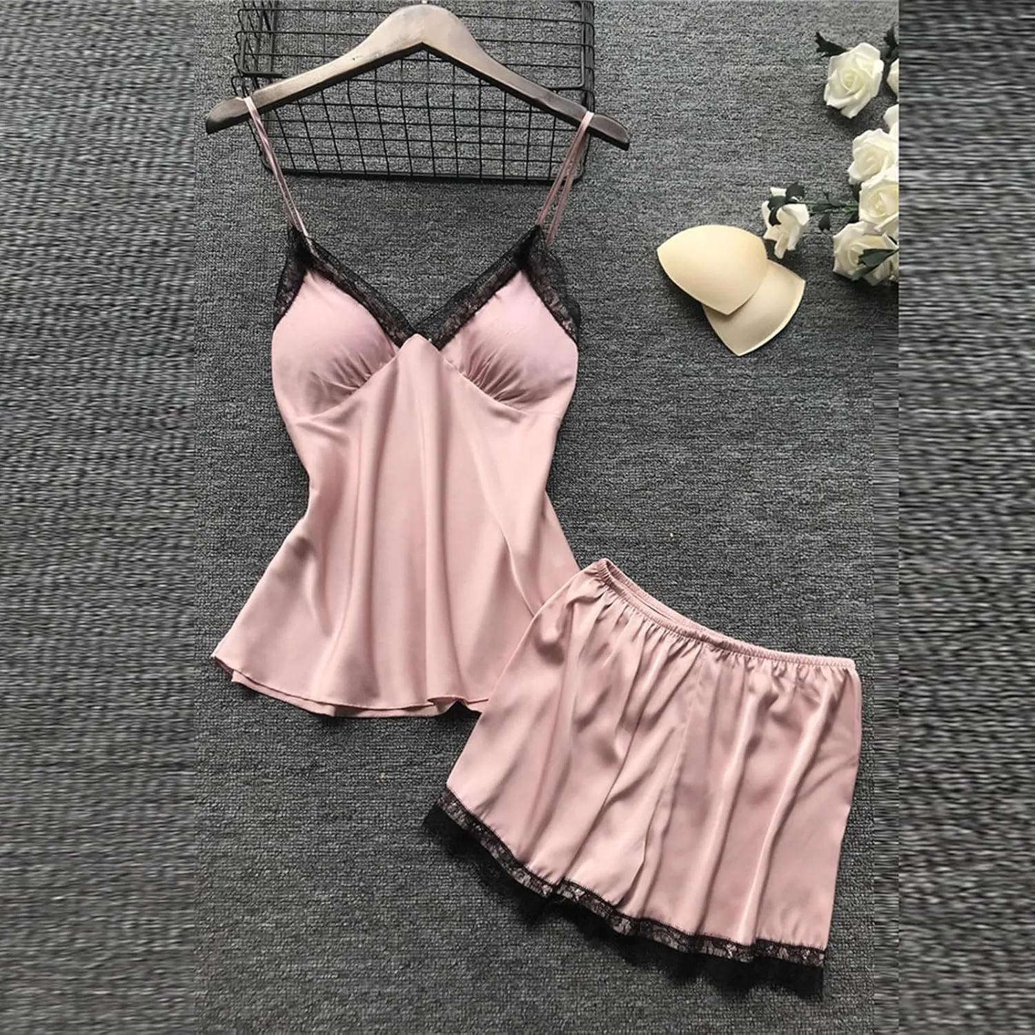 BOXIACEY Women's Silk Nightgown 4 Pieces Set Lace Satin Lingerie Robe Pajama Sexy Cami Shorts Satin Sleepwear Nightwear