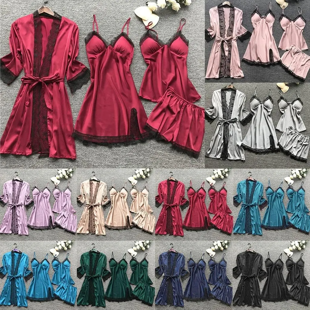 BOXIACEY Women's Silk Nightgown 4 Pieces Set Lace Satin Lingerie Robe Pajama Sexy Cami Shorts Satin Sleepwear Nightwear