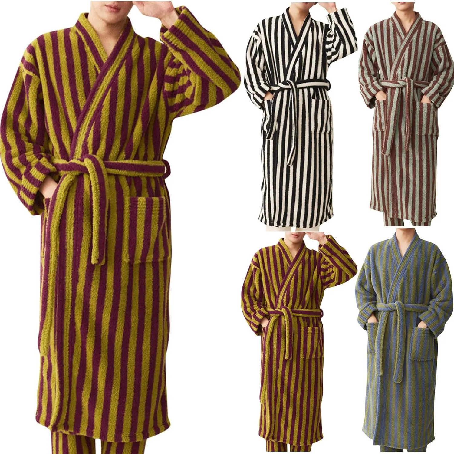 Cambkatl Men's Striped Fleece Robe, Fashion Colorblock Plush Bathrobe, Warm Winter Comfy Fuzzy Lounge Sleepwear