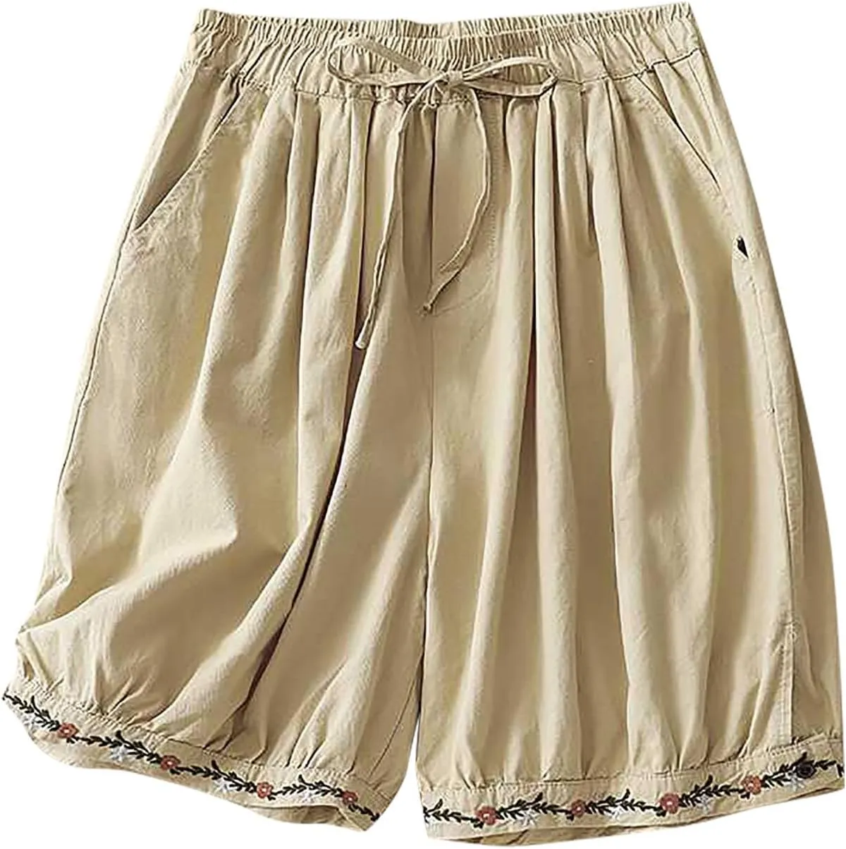 Casual Linen Shorts for Women High Waisted Wide Leg Drawstring Shorts Summer Embroidery Beach Shorts 2025 Outfit
