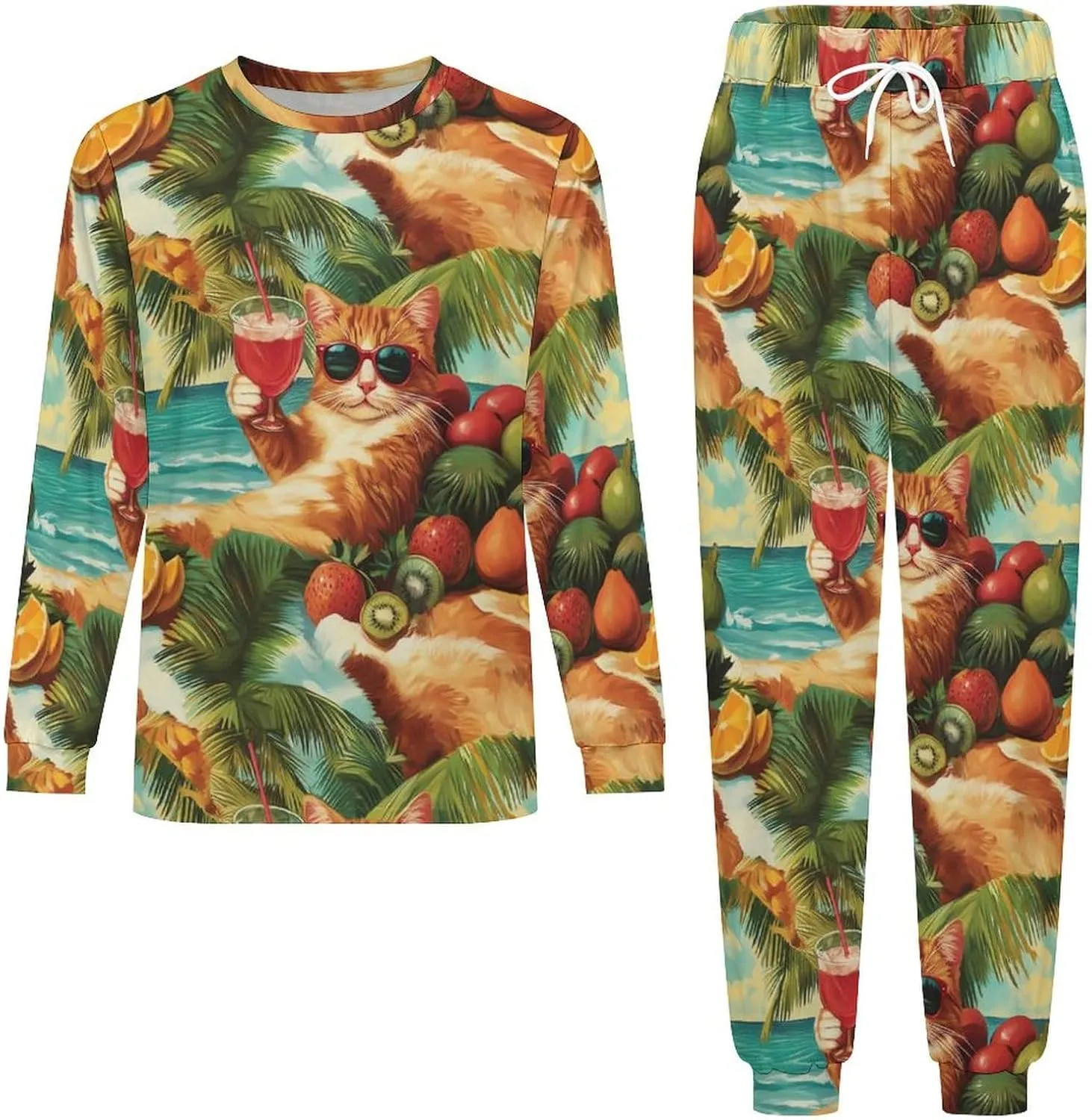 Cat on Hawaiian Beach Soft Mens Pajamas Set Round Neck Pullover Long Sleeve And Pants Loungewear 2 Piece Pjs Set