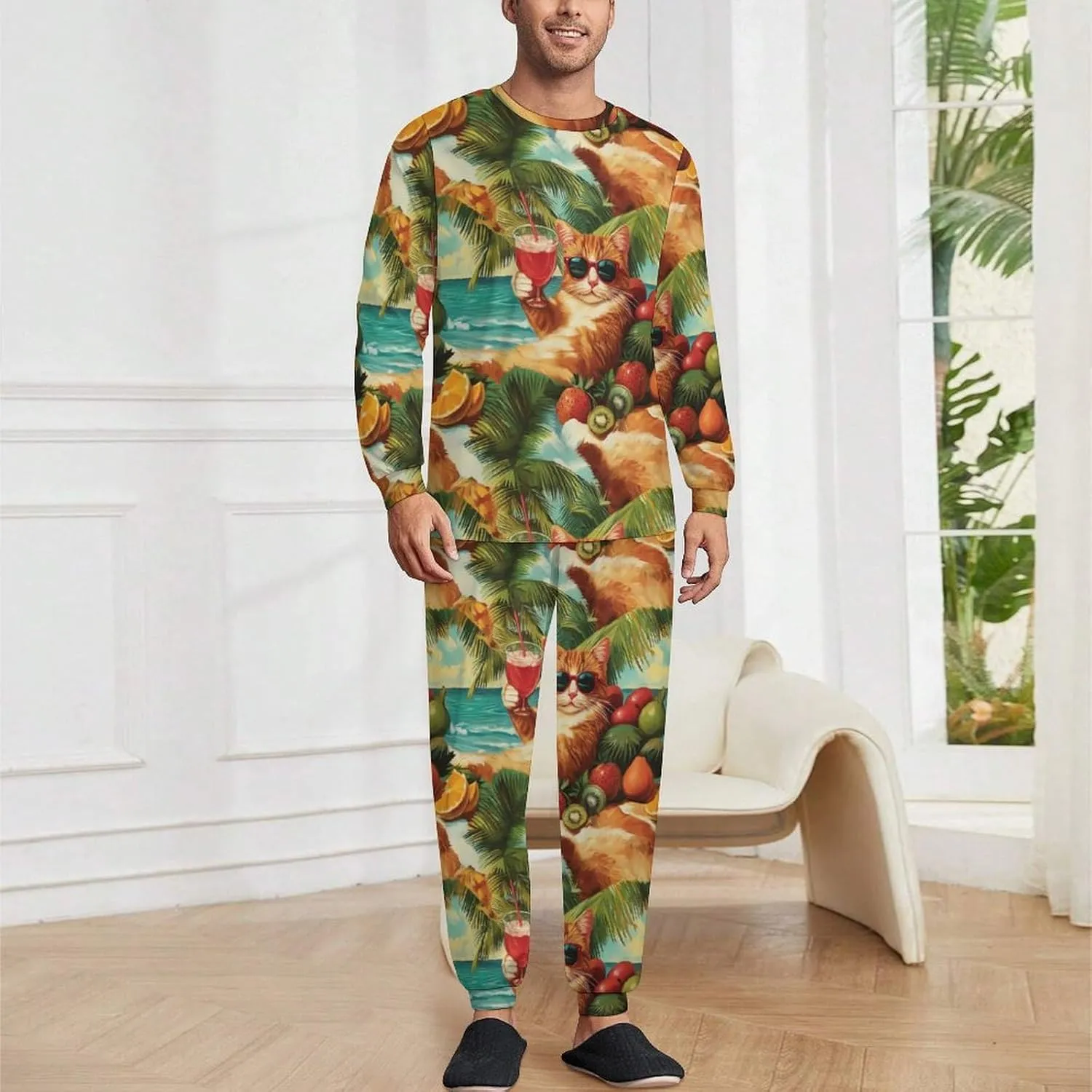 Cat on Hawaiian Beach Soft Mens Pajamas Set Round Neck Pullover Long Sleeve And Pants Loungewear 2 Piece Pjs Set