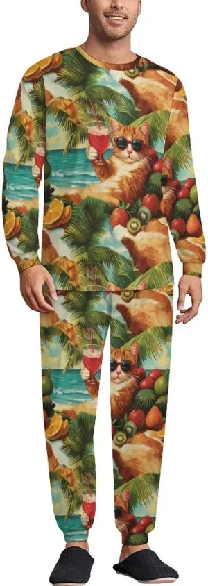 Cat on Hawaiian Beach Soft Mens Pajamas Set Round Neck Pullover Long Sleeve And Pants Loungewear 2 Piece Pjs Set