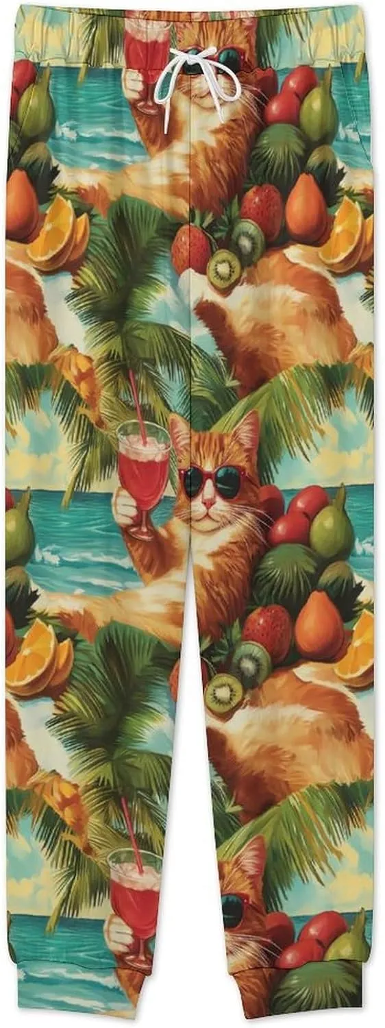 Cat on Hawaiian Beach Soft Mens Pajamas Set Round Neck Pullover Long Sleeve And Pants Loungewear 2 Piece Pjs Set