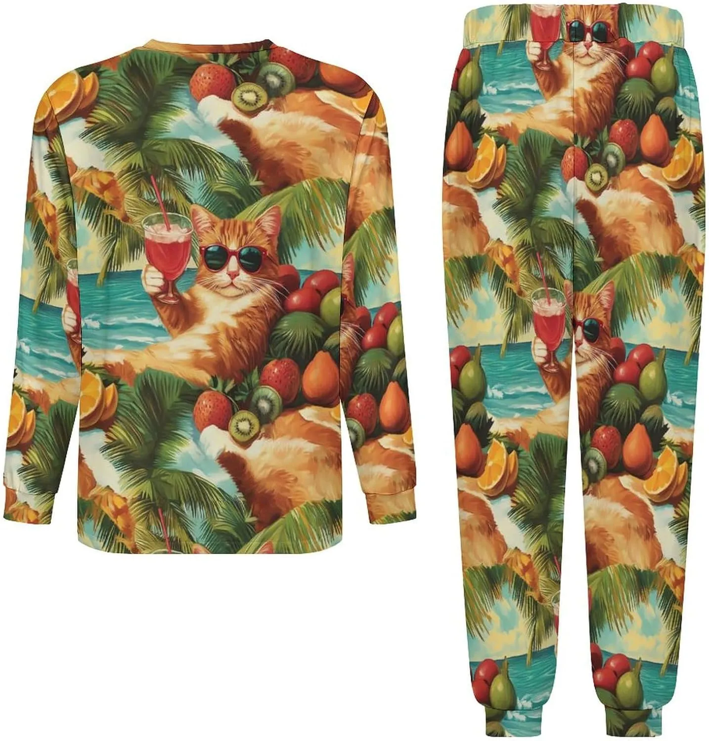Cat on Hawaiian Beach Soft Mens Pajamas Set Round Neck Pullover Long Sleeve And Pants Loungewear 2 Piece Pjs Set