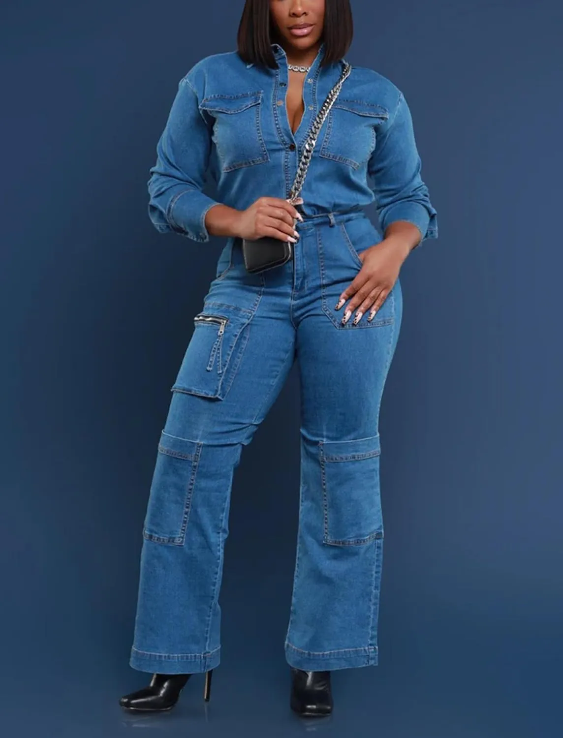 cffvdiz Denim Jumpsuit for Women Long Sleeve Button Down Elastic Waist Jean Jumpsuit Cargo Long Rompers