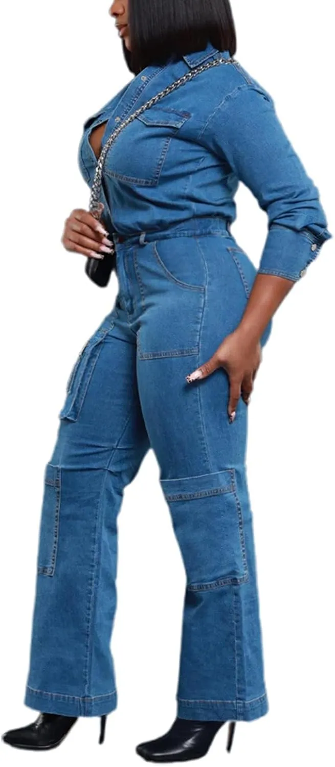cffvdiz Denim Jumpsuit for Women Long Sleeve Button Down Elastic Waist Jean Jumpsuit Cargo Long Rompers