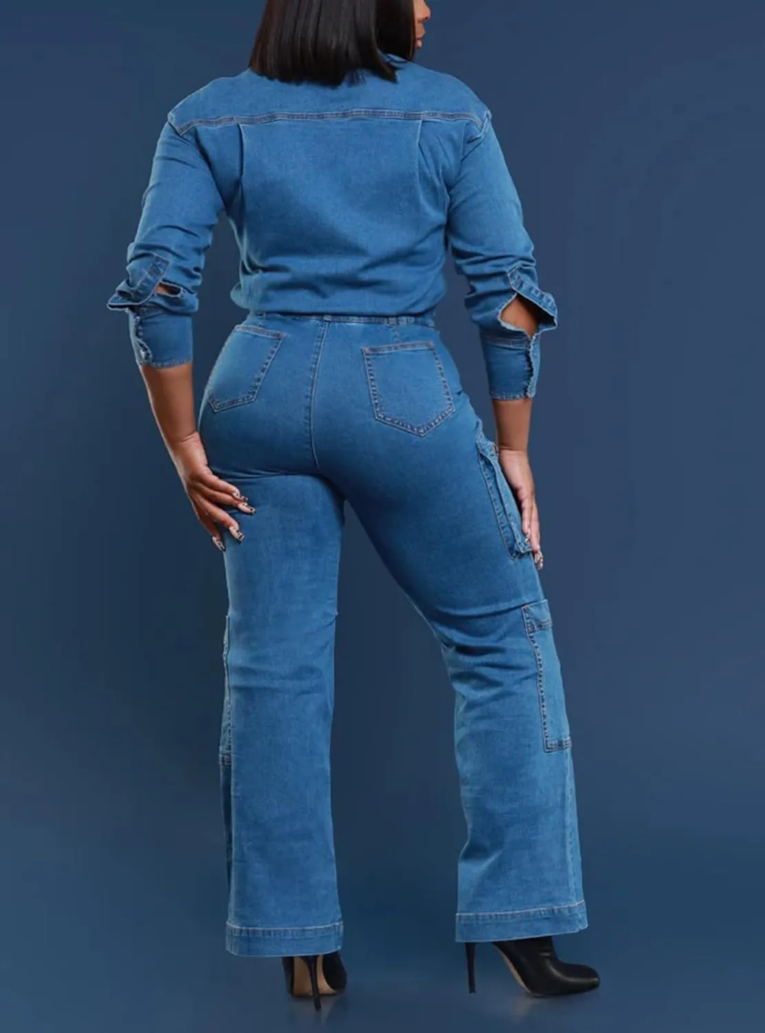 cffvdiz Denim Jumpsuit for Women Long Sleeve Button Down Elastic Waist Jean Jumpsuit Cargo Long Rompers