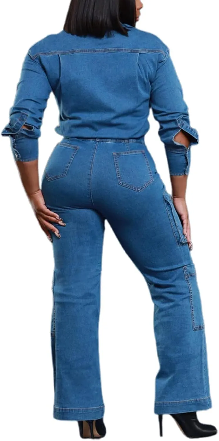 cffvdiz Denim Jumpsuit for Women Long Sleeve Button Down Elastic Waist Jean Jumpsuit Cargo Long Rompers