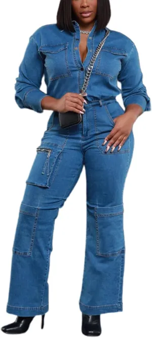 cffvdiz Denim Jumpsuit for Women Long Sleeve Button Down Elastic Waist Jean Jumpsuit Cargo Long Rompers
