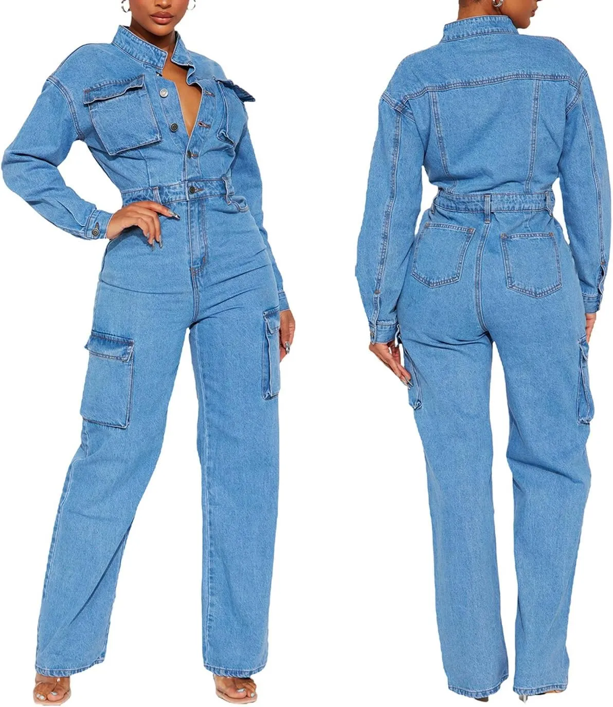 cffvdiz Women's Sexy Long Sleeve Denim Jumpsuit Slim Fit Button Down Cargo Jeans Wide Leg Rompers with Pocket