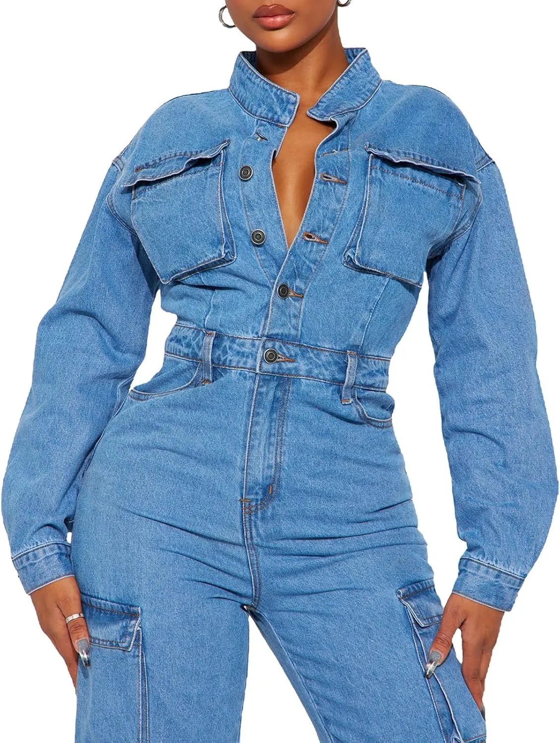 cffvdiz Women's Sexy Long Sleeve Denim Jumpsuit Slim Fit Button Down Cargo Jeans Wide Leg Rompers with Pocket