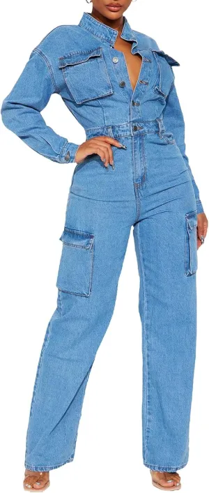 cffvdiz Women's Sexy Long Sleeve Denim Jumpsuit Slim Fit Button Down Cargo Jeans Wide Leg Rompers with Pocket