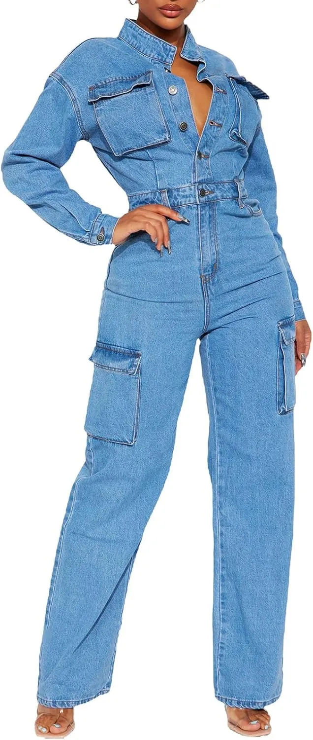 cffvdiz Women's Sexy Long Sleeve Denim Jumpsuit Slim Fit Button Down Cargo Jeans Wide Leg Rompers with Pocket