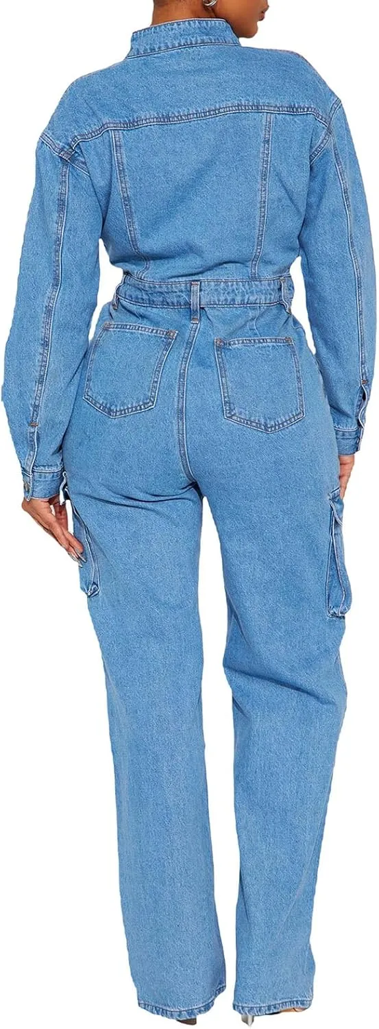 cffvdiz Women's Sexy Long Sleeve Denim Jumpsuit Slim Fit Button Down Cargo Jeans Wide Leg Rompers with Pocket