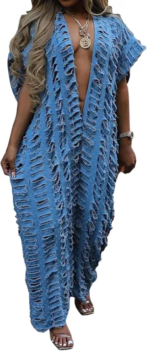 cffvdiz Women's Sexy V-Neck Denim Jumpsuit Short Sleeve Loose Distressed Ripped Wide Leg Jean Jumpsuit