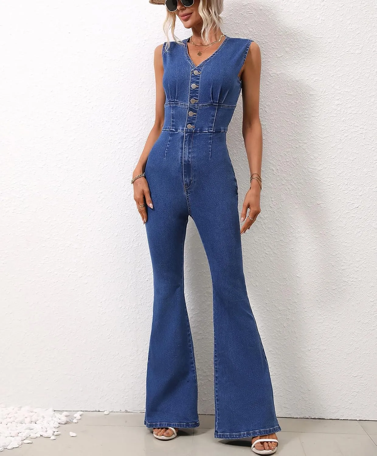 cffvdiz Women's Sleeveless Curvy Bell Bottom Denim Jumpsuit V Neck Button Front Butt Lift Preppy Flare Jean Rompers Jumpsuit