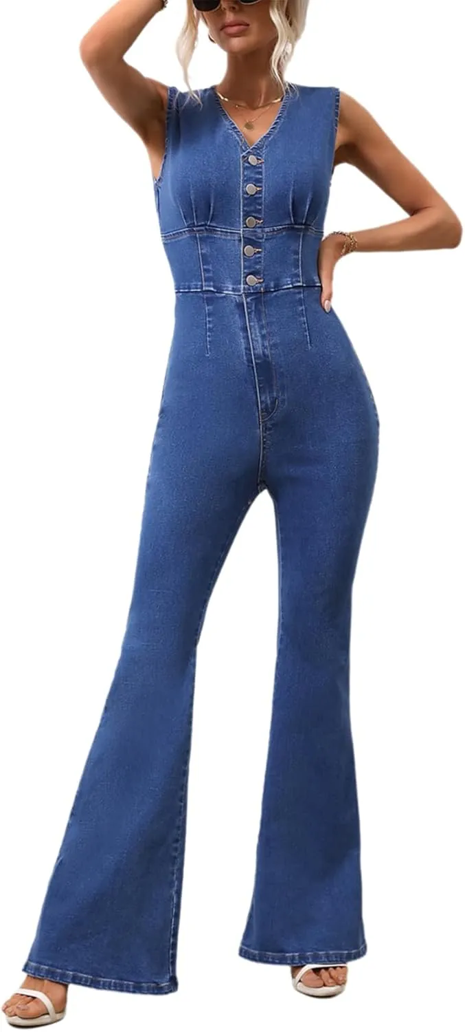 cffvdiz Women's Sleeveless Curvy Bell Bottom Denim Jumpsuit V Neck Button Front Butt Lift Preppy Flare Jean Rompers Jumpsuit