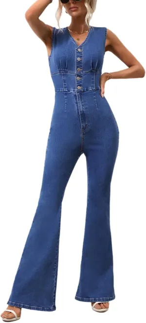 cffvdiz Women's Sleeveless Curvy Bell Bottom Denim Jumpsuit V Neck Button Front Butt Lift Preppy Flare Jean Rompers Jumpsuit